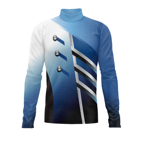 A digital print of a show top with a high collar, featuring blue and white geometric patterns and silver accents, designed for indoor and outdoor use.