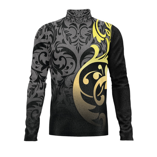 A digital print of a black and gray Flow Flex Top G322 with yellow floral patterns on the sleeves and chest.