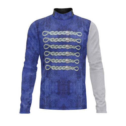 A digital print of a show top for marching bands featuring a geometric pattern in blue and white colors.