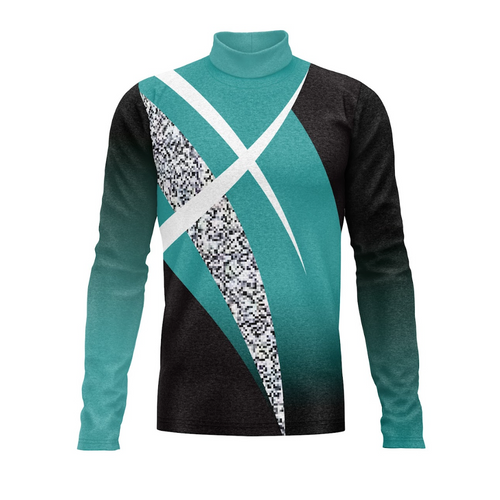 A digital print of a Flow Flex Top G327 featuring a geometric pattern with black, white, and teal colors on a fabric mannequin.