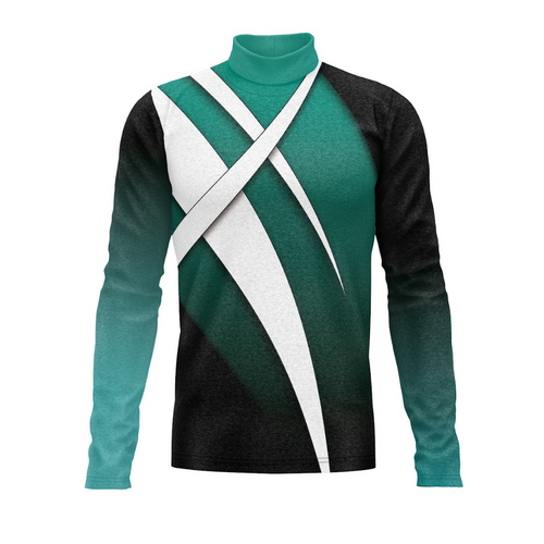 A digital print of a show top with a geometric pattern in green and black colors, featuring a turtleneck and cross-design on the front.