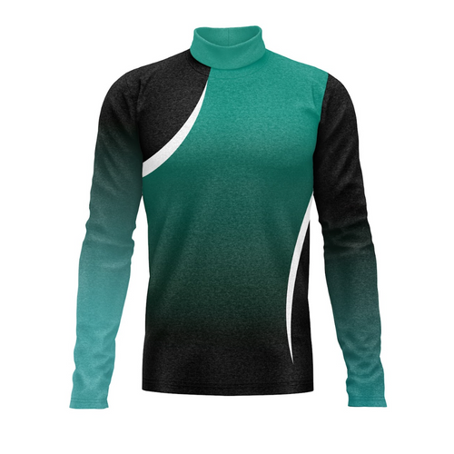 A digital print of a performance uniform top with long sleeves, featuring a gradient of green to black colors with white accents on the shoulders and sides.