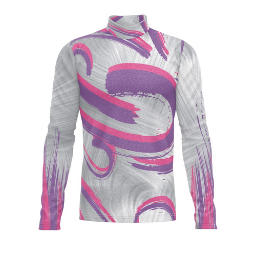 A digital print of a turtleneck performance top with abstract designs in pink and gray.