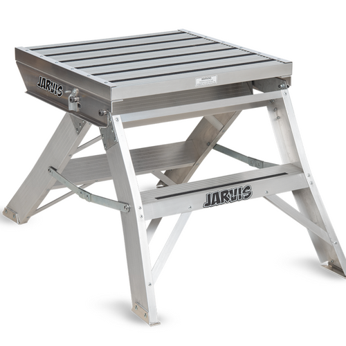 Jarvis 24-inch Podium Model 9 aluminum drum major podium featuring a compact slatted platform, sturdy A-frame construction, reinforced cross-bracing, and non-slip steps for marching band and field conducting use.
