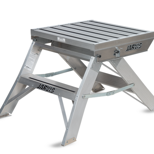 Jarvis 24-inch Podium Model 9 aluminum drum major podium with compact slatted standing platform, reinforced A-frame design, foldable structure, and lightweight construction for marching band conducting and field performances.