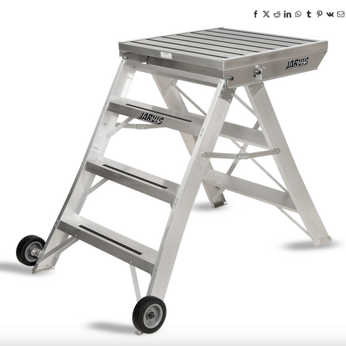 Jarvis 42-inch Podium Model 7 aluminum conducting podium with wide ribbed platform, non-slip steps, reinforced cross-bracing, and built-in transport wheels, designed for marching band and drum major field use.