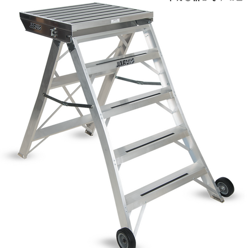 Jarvis 52-inch podium Model 10 featuring lightweight aluminum frame, elevated non-slip platform, ladder-style steps, wide stabilizing base, and transport wheels for marching band conductors and drum majors.