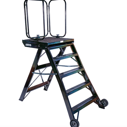 Jarvis 52-inch Podium Model 8 with safety railing, featuring a durable metal conductor platform, integrated handrails, wide non-slip steps, and built-in wheels for easy mobility—ideal for marching band, drum major, and field performance use.
