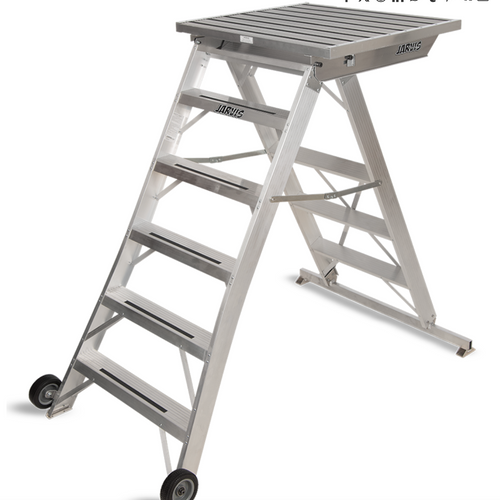 Jarvis 62-inch Podium Model 12 with durable aluminum construction, wide non-slip conductor platform, integrated step ladder, stabilizing cross-bracing, and transport wheels, ideal for marching band directors, conductors, and rehearsal use.
