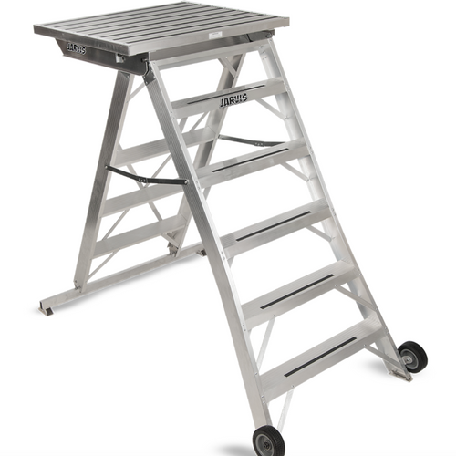 Jarvis 62-inch Podium Model 12 featuring a lightweight aluminum conductor platform, wide non-slip standing surface, integrated step ladder with safety bracing, and transport wheels, designed for band directors and conductors during rehearsals and performances.