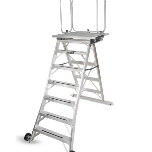 Jarvis 72-inch podium Model 14 featuring heavy-duty aluminum construction, elevated conductor platform with safety rails, non-slip steps, wide stabilizing base, and transport wheels for marching band and drum major use.