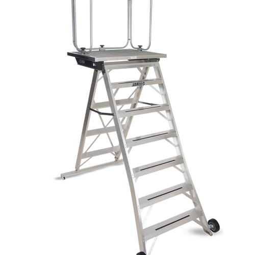 Rear angle view of Jarvis 72-inch podium Model 14 showcasing aluminum conductor platform with safety rails, non-slip ladder steps, reinforced frame, wide base, and integrated transport wheels for marching band and drum major performances.