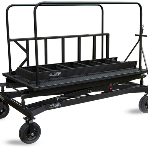 Jarvis 6-foot ScissorLift podium Model 15 with additional ladder, featuring an extended elevated conductor platform, integrated safety railings, reinforced scissor-lift mechanism, heavy-duty steel frame, and caster wheels for secure mobility during marching band rehearsals and performances.