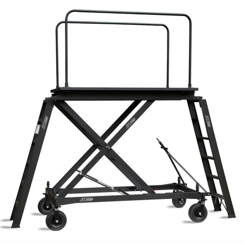 Jarvis 6-foot ScissorLift podium Model 15 with additional ladder, featuring elevated conductor platform, safety railings, heavy-duty scissor lift mechanism, wheeled base, and durable metal construction for marching band and performance direction.