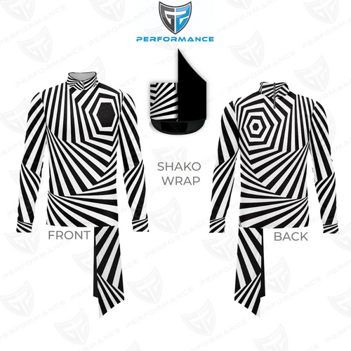 Marching Band Flow Flex Performance Top G168 front and back view with black and white optical stripe pattern and matching shako wrap accessory