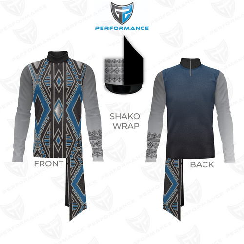 Front and back views of a blue, gray, and black performance uniform featuring bold geometric patterns, light-gray sleeves, patterned cuffs, matching pants, and a black-and-gray shako hat.