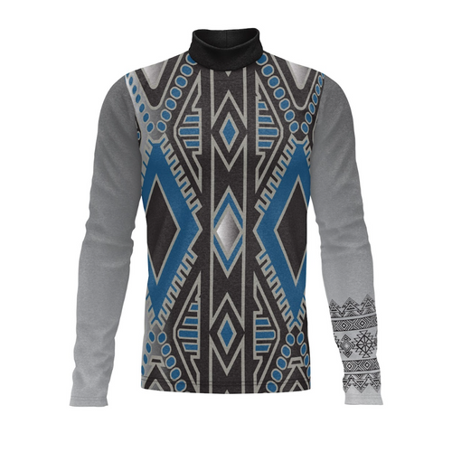 A digital print show top with geometric patterns primarily in blue and gray colors, featuring a turtleneck design.