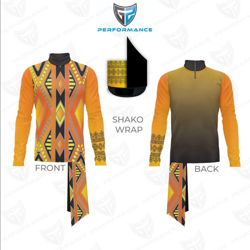 Front and back views of a vibrant orange and yellow performance uniform with bold geometric tribal-inspired patterns, black accents, patterned cuffs, matching pants, and a black-and-yellow shako hat.
