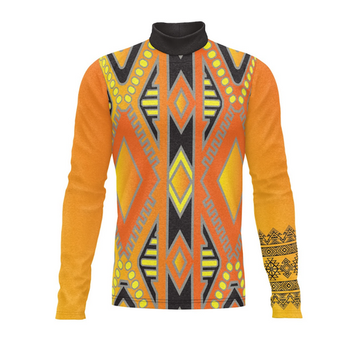 A digital print show top with geometric patterns in orange, yellow, black, and other colors, designed for indoor or outdoor performances.