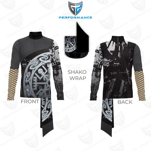 Front and back views of a black performance uniform with gray geometric patterns, Celtic-inspired graphics, distressed textures, and beige mesh-style sleeve accents, paired with matching pants and a black shako hat.