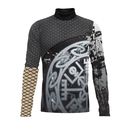 A digital print show top with a variety of patterns including geometric and possibly cultural designs, predominantly in black, white, and gray tones.