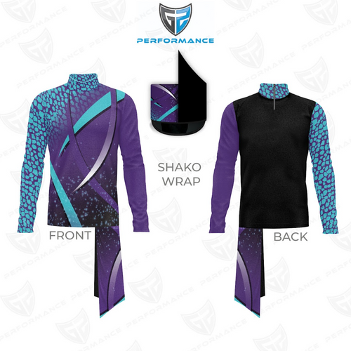 Percussion uniform flow flex top with a digital print shako wrap. The front and back view of the top are shown, with the design featuring a geometric pattern in purple and black colors.