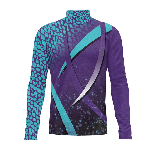 A digital print show top with a geometric pattern featuring purple and blue colors, designed for performance uniforms.