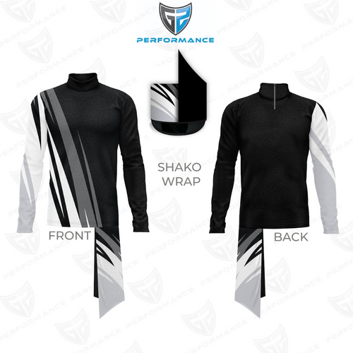 Front and back views of a black performance outfit with white and gray diagonal accents, plus a matching shako hat.