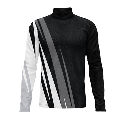 A digital print show top with a high neck, featuring a geometric pattern in black, white, and gray colors.