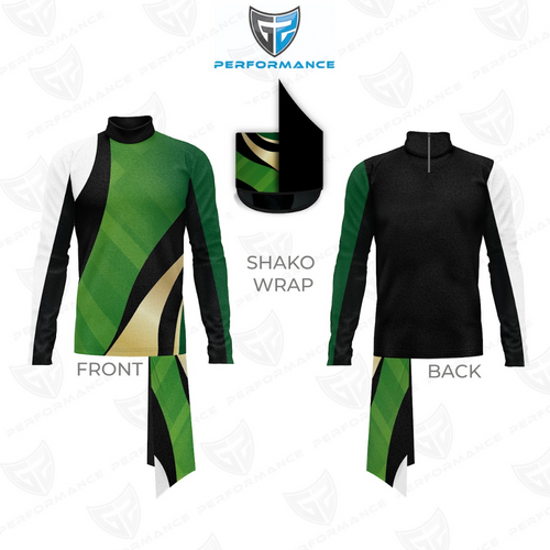 Front and back views of a long-sleeve performance jersey with a green, black, white, and gold abstract color-block design, a black back, a mock neck collar, and a matching green and gold shako wrap.