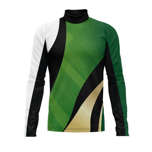 A digital print show top with geometric patterns in green, black, white, and gold colors, featuring a turtleneck design.