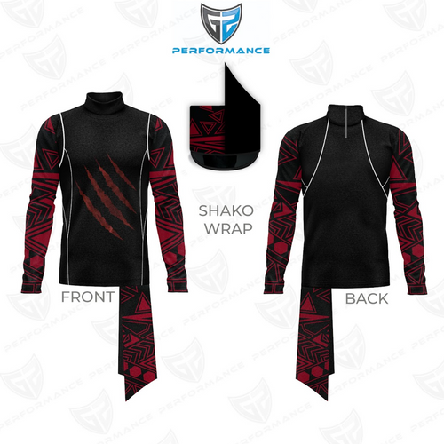 Front and back views of a long-sleeve performance jersey with a black body, red geometric patterned sleeves, red claw-mark graphics on the front, white piping accents, a mock neck collar, and a matching black and red shako wrap.