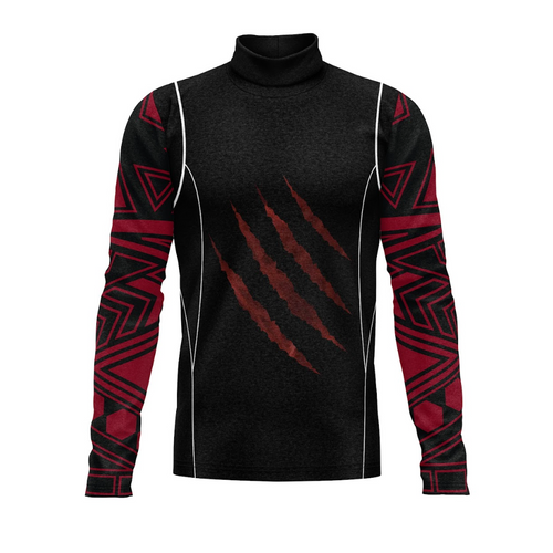 A black and red long-sleeved performance top with geometric patterns and a turtle neck.