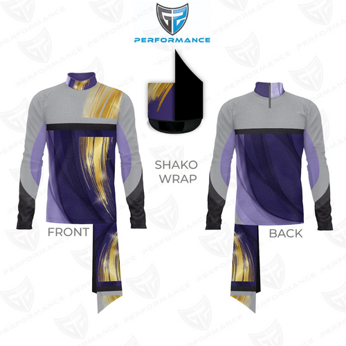 Front and back views of a long-sleeve performance jersey with a gray and purple color-block design, metallic gold brushstroke accents, black sleeve gradients, a mock neck collar, and a matching purple and gold shako wrap.