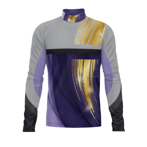 A digital print show top with geometric patterns in purple, gray, black, and gold colors, featuring a turtleneck design.