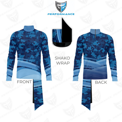 Front and back views of a long-sleeve performance jersey with a blue camouflage pattern, light blue wave graphics across the lower body and sleeves, a mock neck collar, and a matching blue camouflage shako wrap.