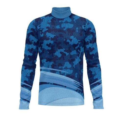 A digital print of a blue camouflage patterned turtleneck top.