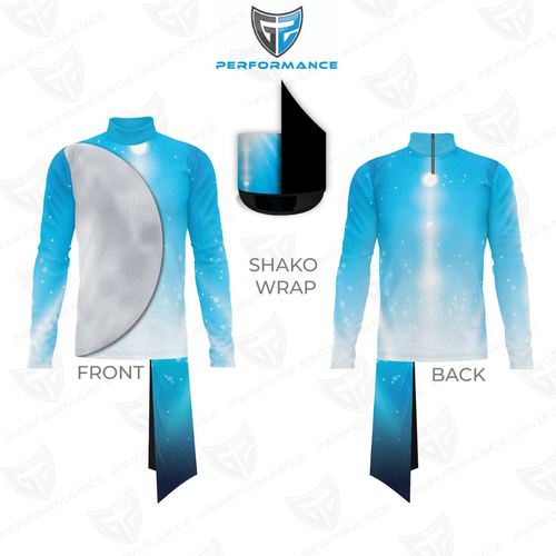 Front and back views of a long-sleeve performance jersey with a sky blue and white gradient design, a large curved silver panel on the front, a starry sparkle pattern, a mock neck collar, and a matching blue gradient shako wrap.