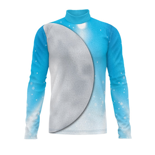 A digital print show top with a turtleneck design, featuring a geometric pattern with blue and gray colors.