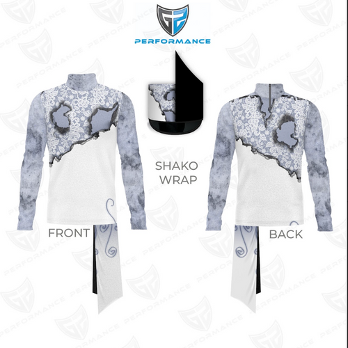Front and back views of a long-sleeve performance jersey with a white body, gray marbled sleeves, lace-inspired panels with torn-edge details across the shoulders, a mock neck collar, and a matching gray shako wrap.