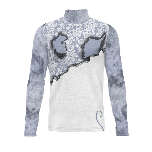 A digital print show top with a high neck, featuring a abstract floral pattern in blue and white tones.