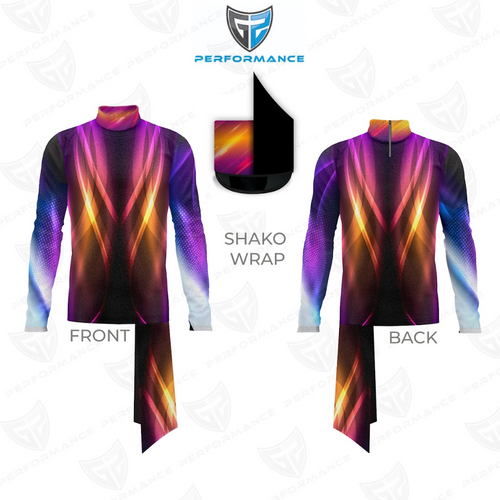 Front and back views of a long-sleeve performance jersey with a black base, purple and blue gradient sleeves, glowing orange and magenta V-shaped light streaks, a mock neck collar, and a matching neon gradient shako wrap.
