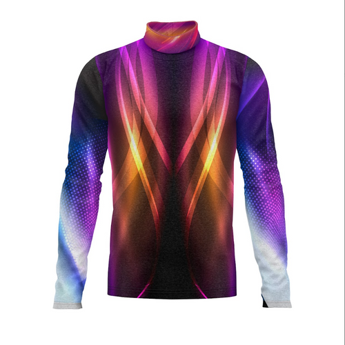 A digital print of a long-sleeved sports top with a high neck, featuring an abstract design with vibrant colors.