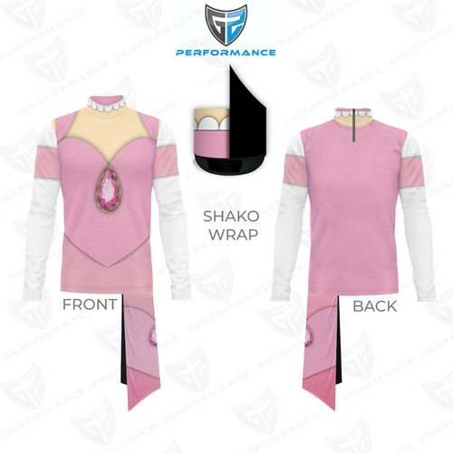 Front and back views of a long-sleeve performance jersey with a pink princess-inspired design, featuring a printed pink gemstone pendant, gold accents, white sleeves, a scalloped mock neck collar, and a matching pink shako wrap.