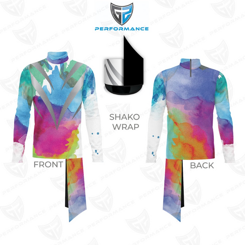 Front and back views of a long-sleeve performance jersey with a colorful watercolor design in blue, purple, pink, green, and yellow, gray V-shaped accents on the front, a mock neck collar, and a matching watercolor shako wrap.