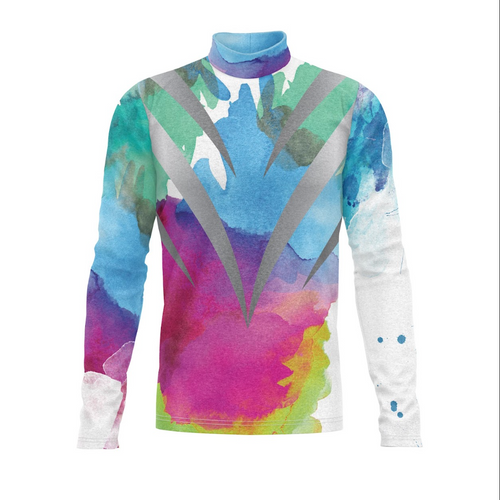 A multicolored, long-sleeved performance top with a high neck, featuring a vibrant digital print with blue, pink, and gray hues.