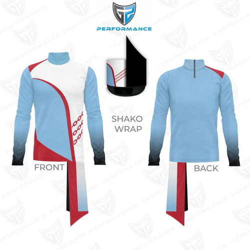 Front and back views of a long-sleeve performance jersey with a light blue and white color-block design, red curved accents and chain graphics on the front, black gradient cuffs, a mock neck collar, and a matching red, white, and blue shako wrap.