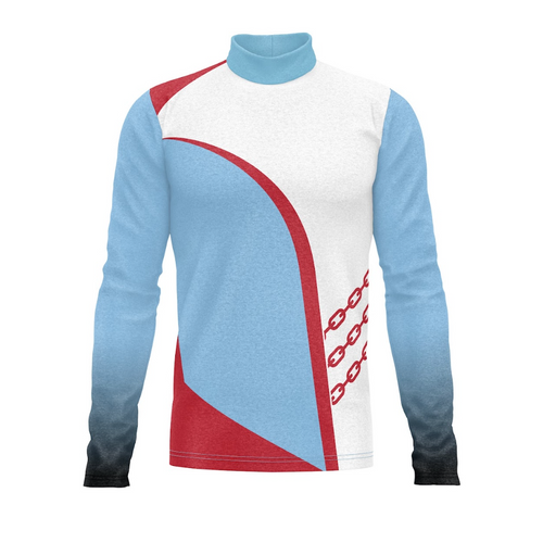 A digital print show top with a high neck, featuring a geometric design with red and blue colors on a white background.