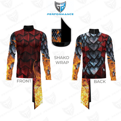 Front and back views of a long-sleeve performance jersey with a red and black dragon-scale pattern, gray scale accents on the sleeves and back, flame graphics on the lower sleeves, a black mock neck collar, and a matching flame-patterned shako wrap.