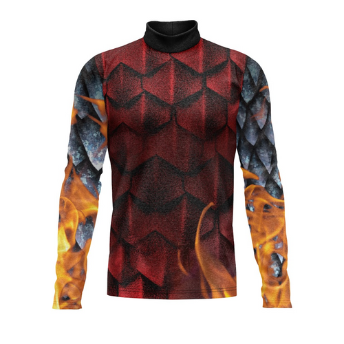 A digital print show top with a geometric pattern featuring flame designs, predominantly in red and black colors with a high neck.